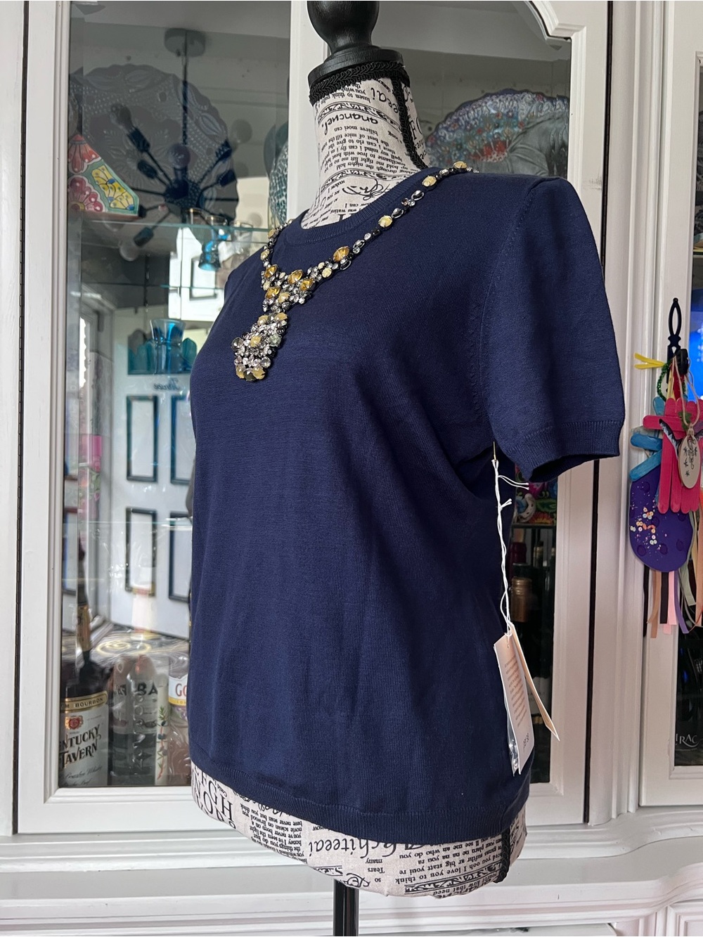 Per Se Navy Short-Sleeve Jewel-Embellished Knit Top S - Picture 4 of 14